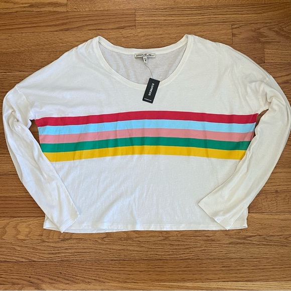 Express Tops - Express OneEleven Long Sleeve Tee Women’s Medium Cream Colorful Stripes Crop NWT